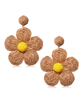 Braun Boho Ruffia Strass Blume Anhänger Ohrringe