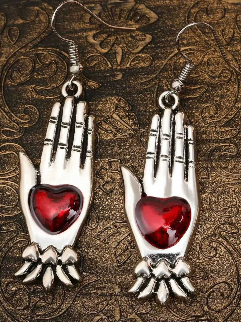 Rot & Silber Vintage Gothic Herz Handschuh Ohrringe
