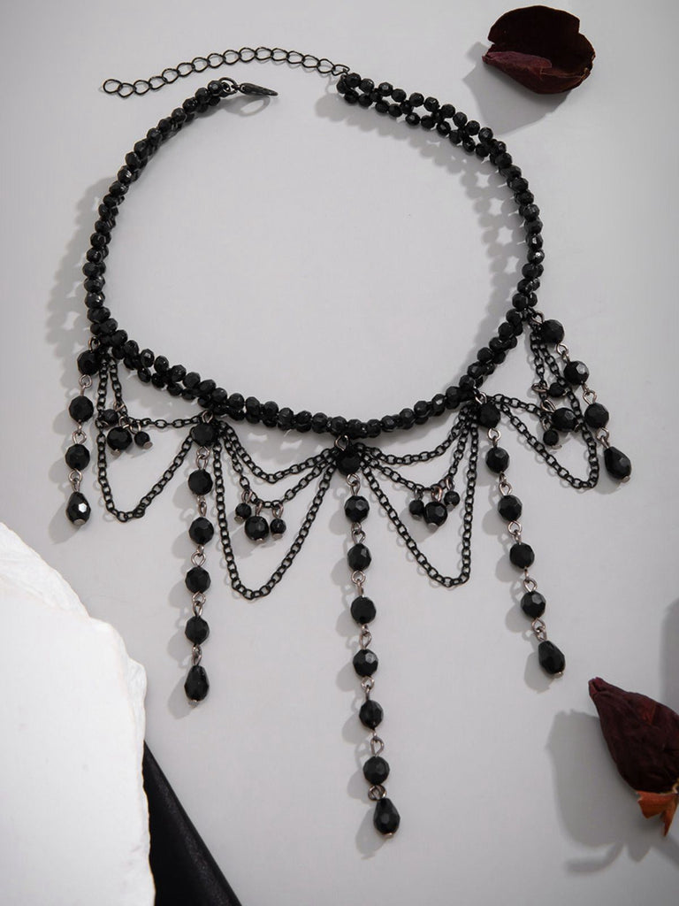 Schwarz Gothic Künstlich Kristall Quasten Anhänger Halskette