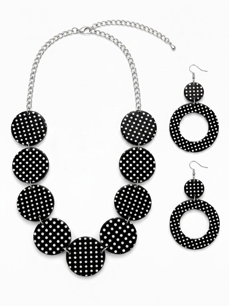 Schwarzes Vintage Halsketten- & Ohrring-Set mit Polka-Dots