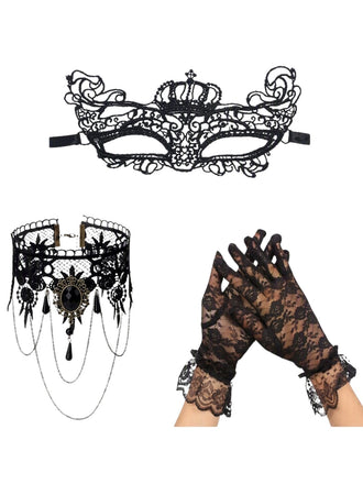 Schwarzes Gothic-Maskerade-Set mit Maske, Spitzenhalsband und Handschuhen