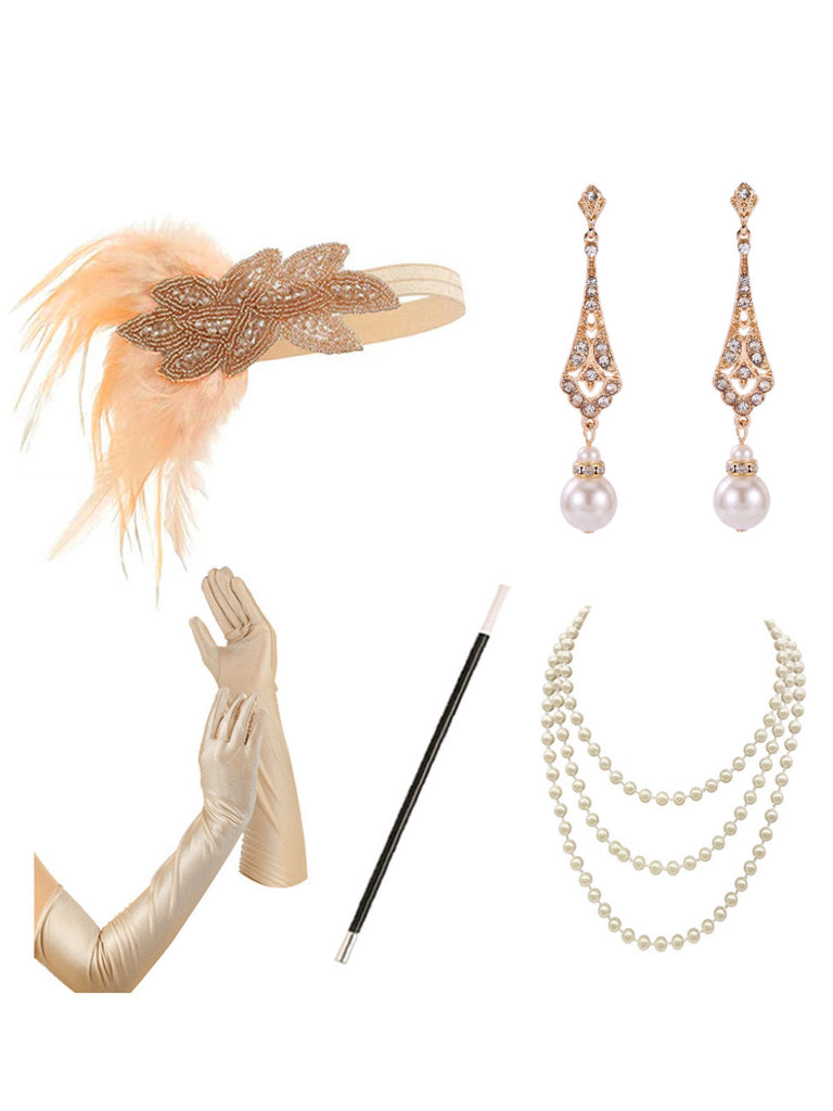 20er Gatsby-Flapper-Accessoire-Set mit Federn und Perlen