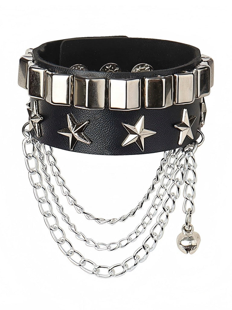 Schwarzes Lederarmband mit Stern und mehrreihiger Kette