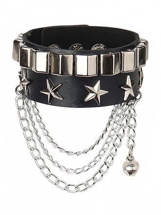 Schwarzes Lederarmband mit Stern und mehrreihiger Kette