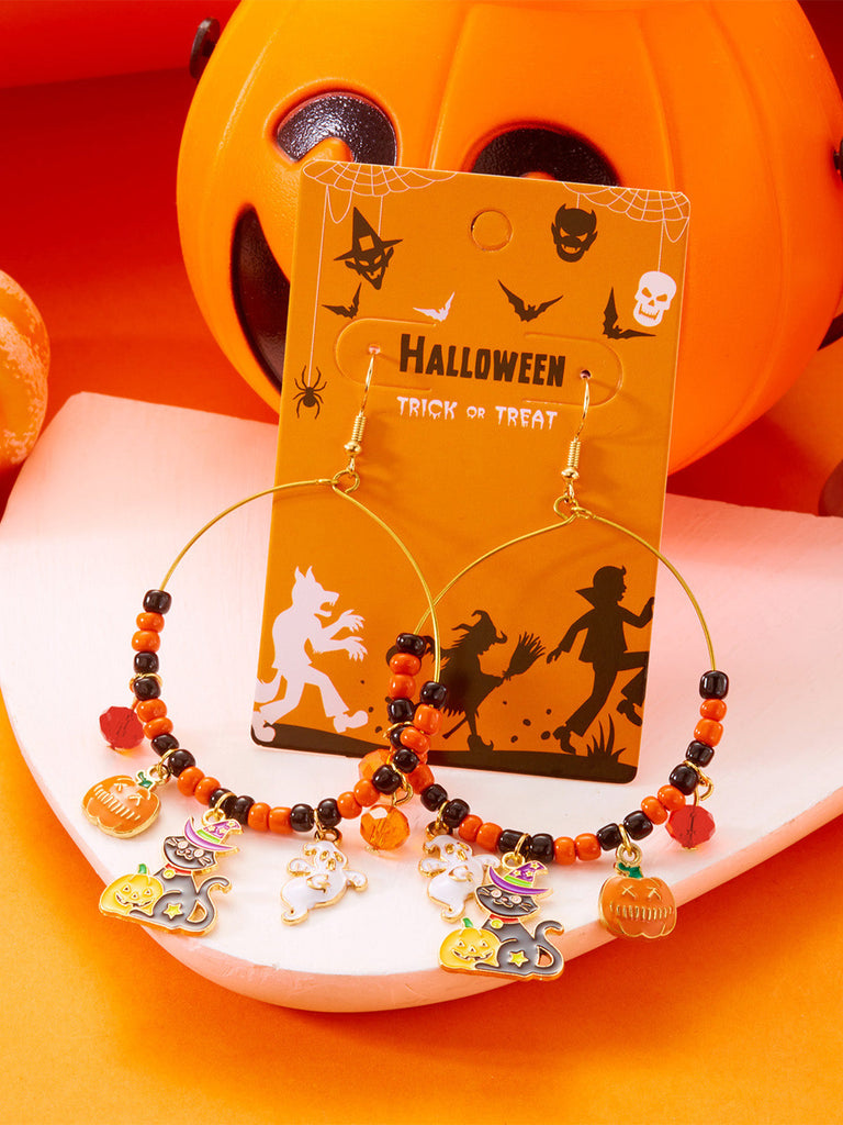 Vintage Halloween Creolen mit Kürbis-, Katzen- und Hexenanhängern