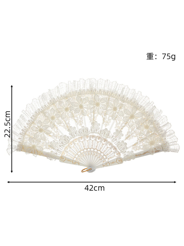 Weißer Faltfächer mit 3D-Blumen und Spitzenbesatz