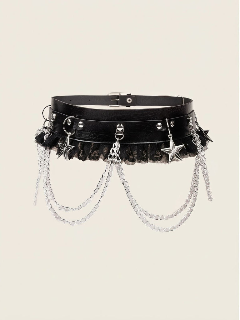Schwarzer Gothic-Taillengürtel mit Spitzenrüschen und Sternkette