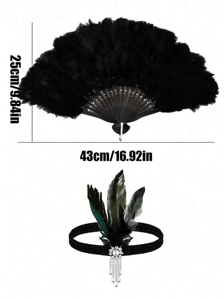 20er Accessoire-Set mit Federhaarband, Handschuhen und Fächer