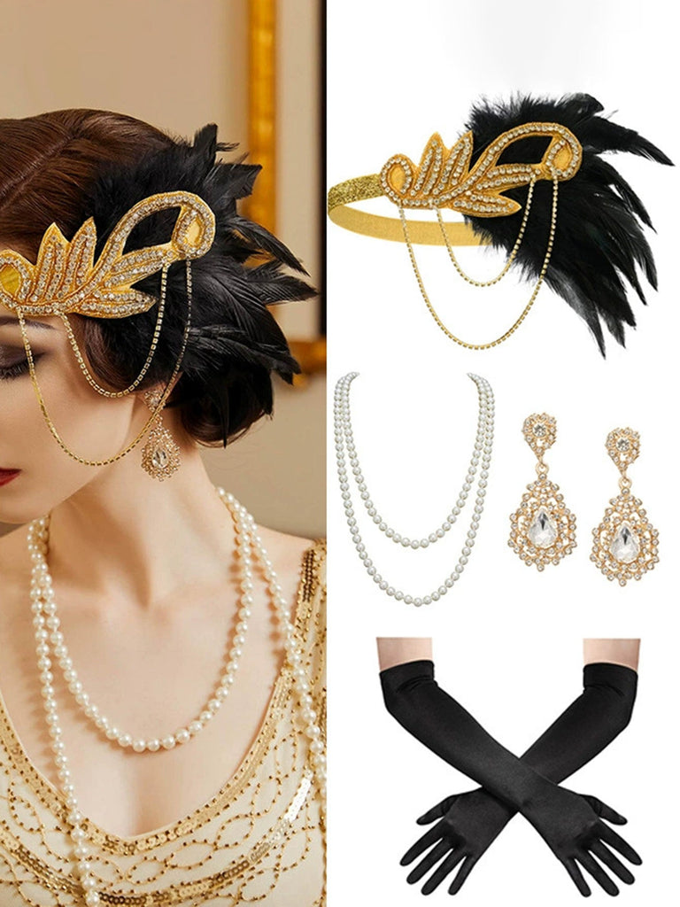 20er Gatsby Accessoire-Set mit Federn, Quasten und Perlen