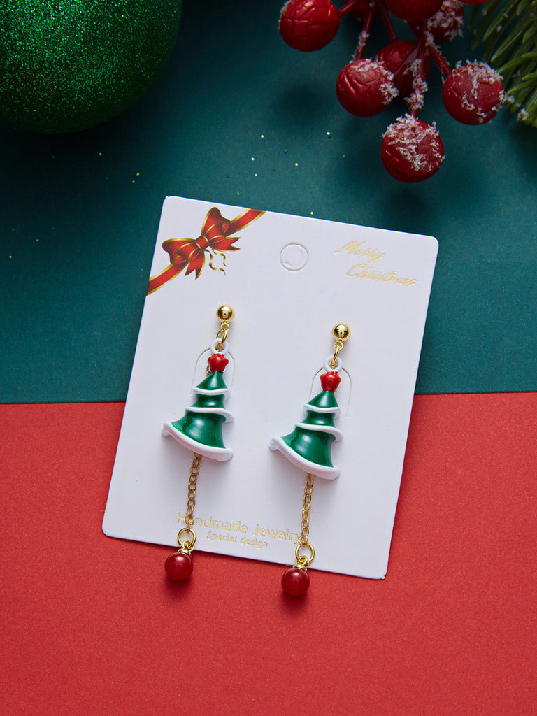 Grüne Weihnachtsbaum-Ohrhänger mit roten Perlen
