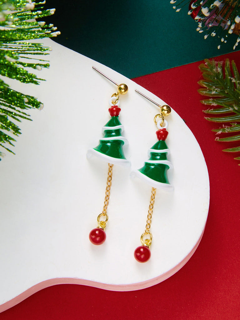 Grüne Weihnachtsbaum-Ohrhänger mit roten Perlen