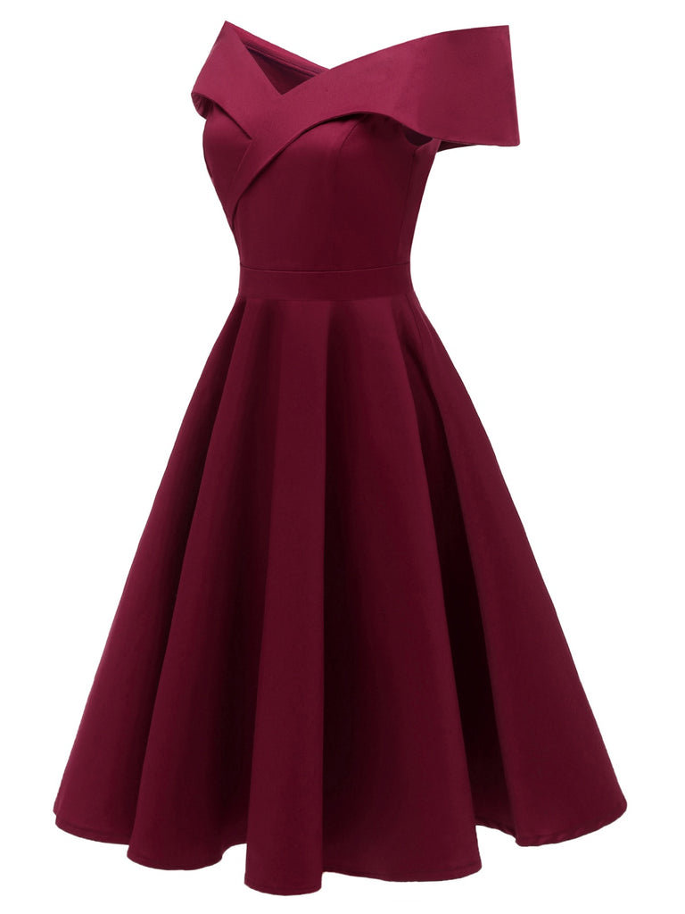Schwarz 1950er Solide Schulterfrei Swing Kleid