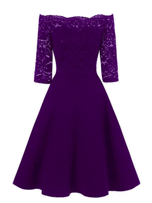Lila 1950er Spitze Schulterfreies Blumen Swing Kleid