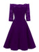 Lila 1950er Spitze Schulterfreies Blumen Swing Kleid