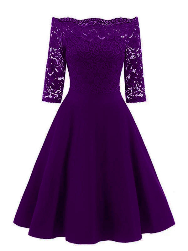 Lila 1950er Spitze Schulterfreies Blumen Swing Kleid