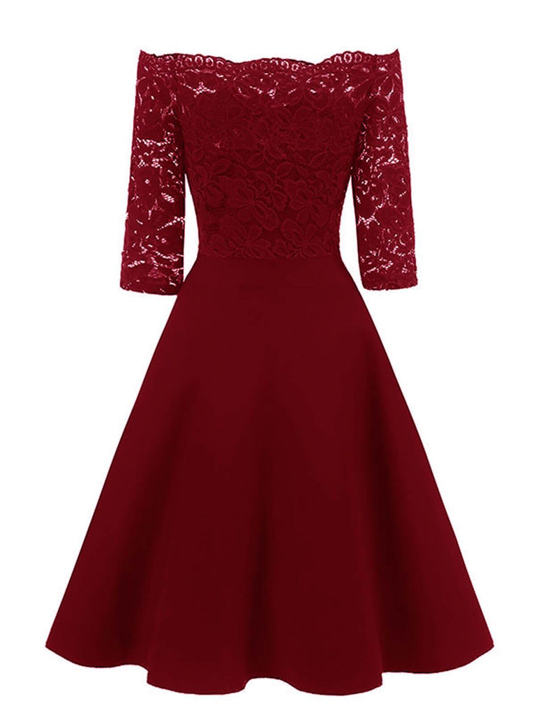 Lila 1950er Spitze Schulterfreies Blumen Swing Kleid