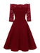 Lila 1950er Spitze Schulterfreies Blumen Swing Kleid