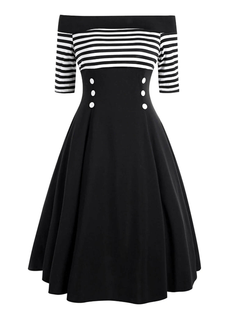 SCHWARZ 1950ER STREIFEN SCHULTERFREIES KLEID
