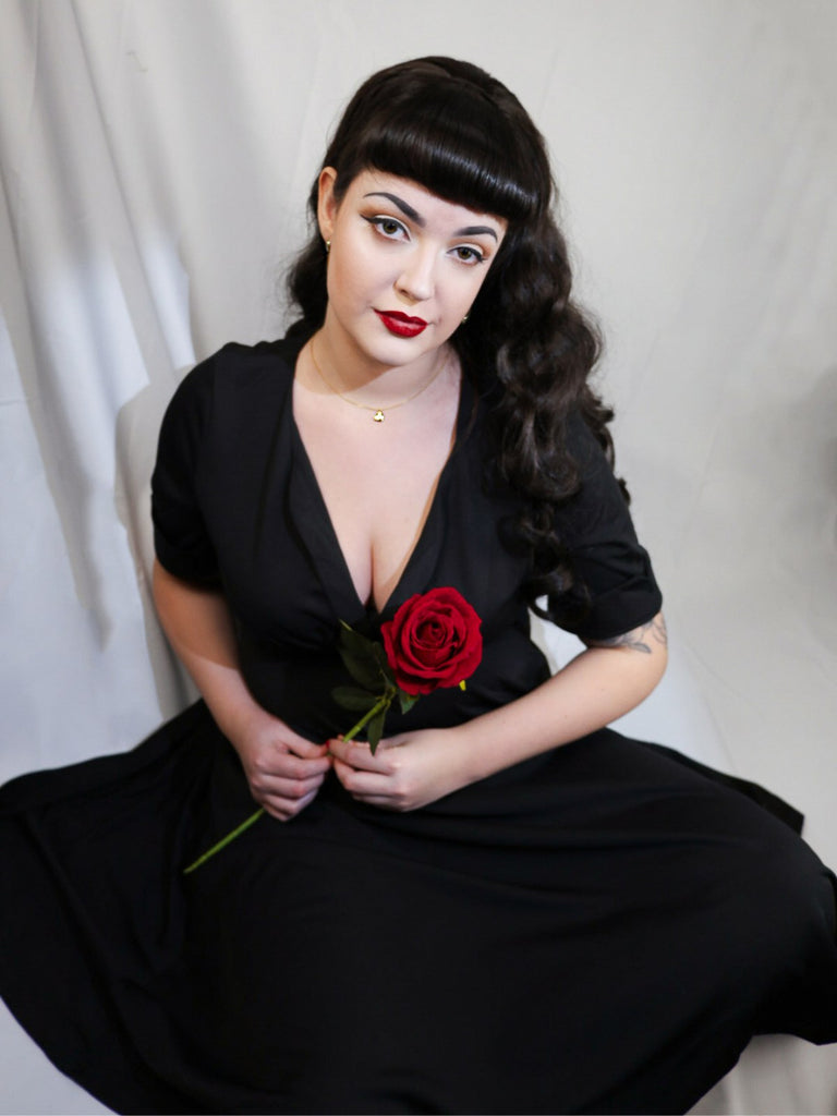 Schwarz 1950ER HOHE TAILLE V-AUSSCHNITT SWING KLEID