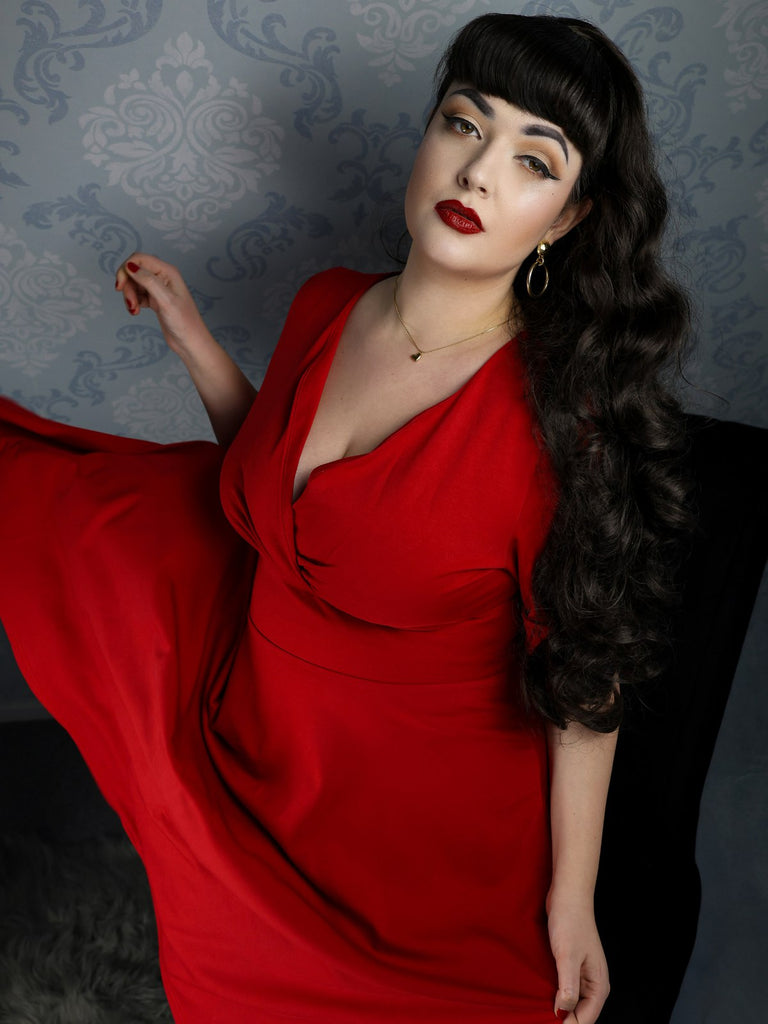 Weinrot 1950ER HOHE TAILLE V-AUSSCHNITT SWING KLEID