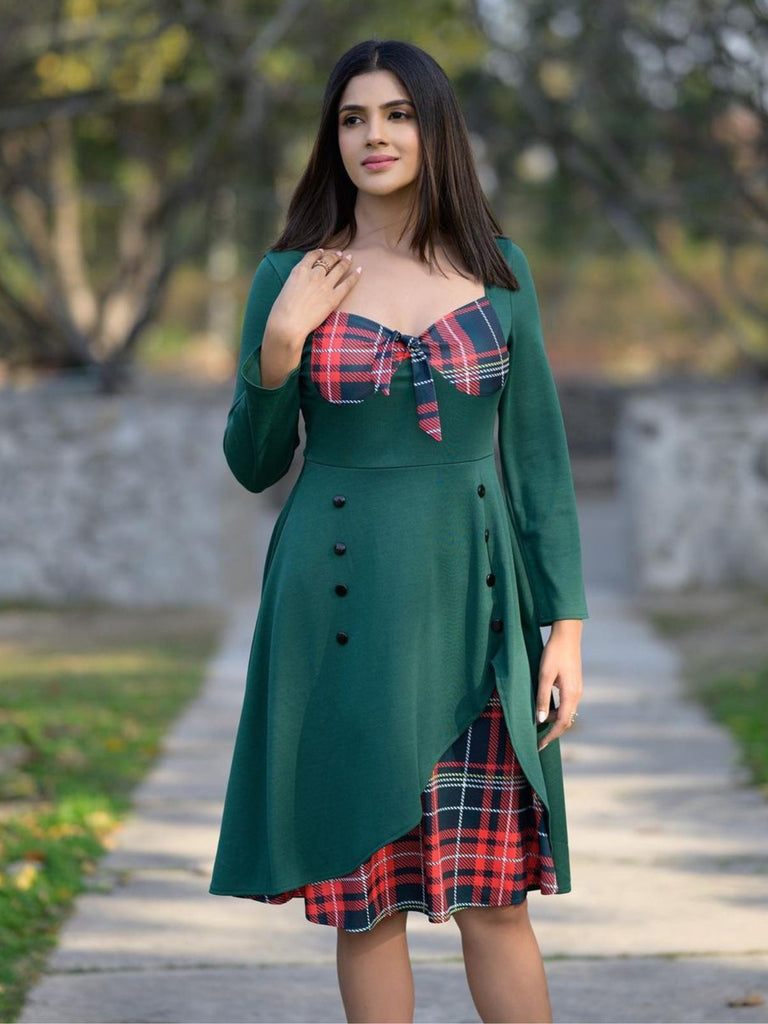 1950ER LANGE ÄRMEL PATCHWORK PLAID KLEID