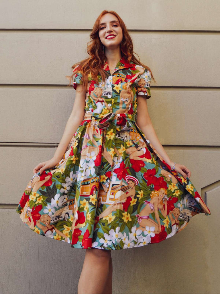 1950ER BLUMEN KURZARM SWING BLUSE KLEID