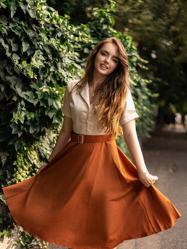 Khaki 1950er Patchwork V-Ausschnitt Kurzarm Swing Kleid