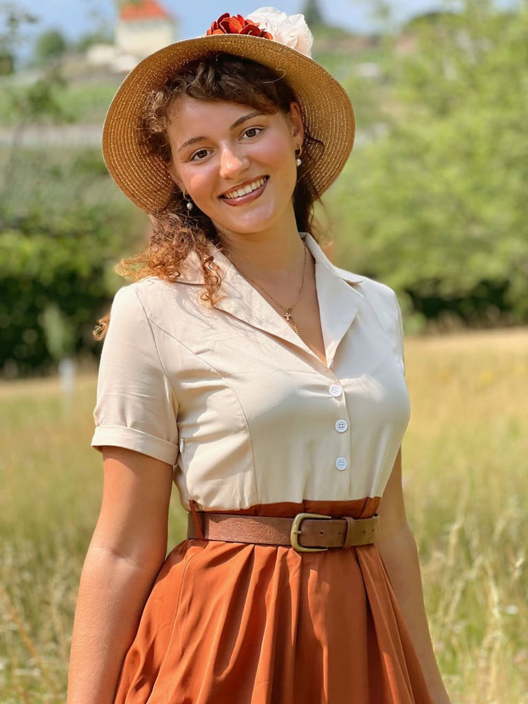 Khaki 1950er Patchwork V-Ausschnitt Kurzarm Swing Kleid