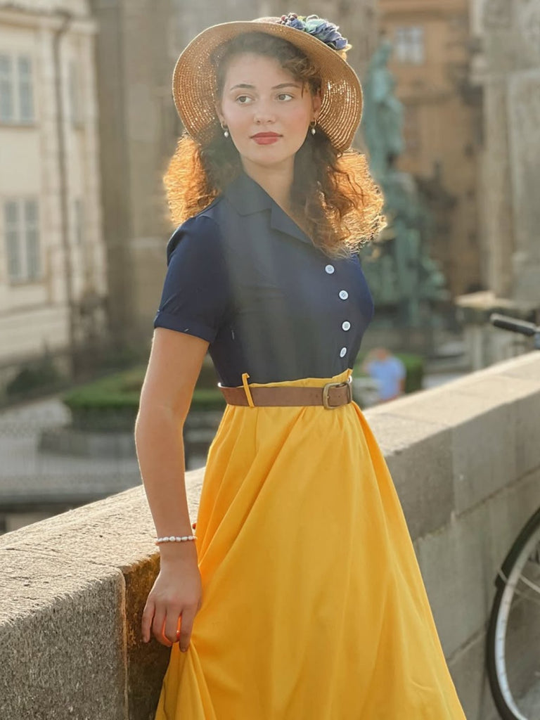 Blau & Gelb 1950er Patchwork V-Ausschnitt Kurzarm Swing Kleid