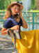 Blau & Gelb 1950er Patchwork V-Ausschnitt Kurzarm Swing Kleid