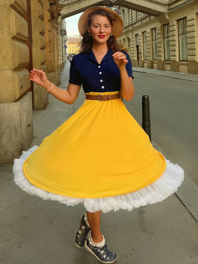 Blau & Gelb 1950er Patchwork V-Ausschnitt Kurzarm Swing Kleid