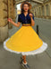 Blau & Gelb 1950er Patchwork V-Ausschnitt Kurzarm Swing Kleid