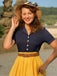 Blau & Gelb 1950er Patchwork V-Ausschnitt Kurzarm Swing Kleid