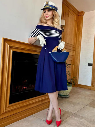 Marineblau 1950er Streifen Schulterfreies Kleid