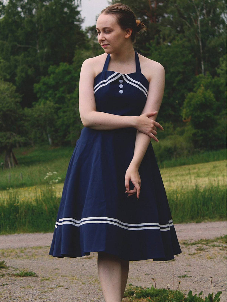 Marineblau 1950er Neckholder Rockabily Swing Kleid
