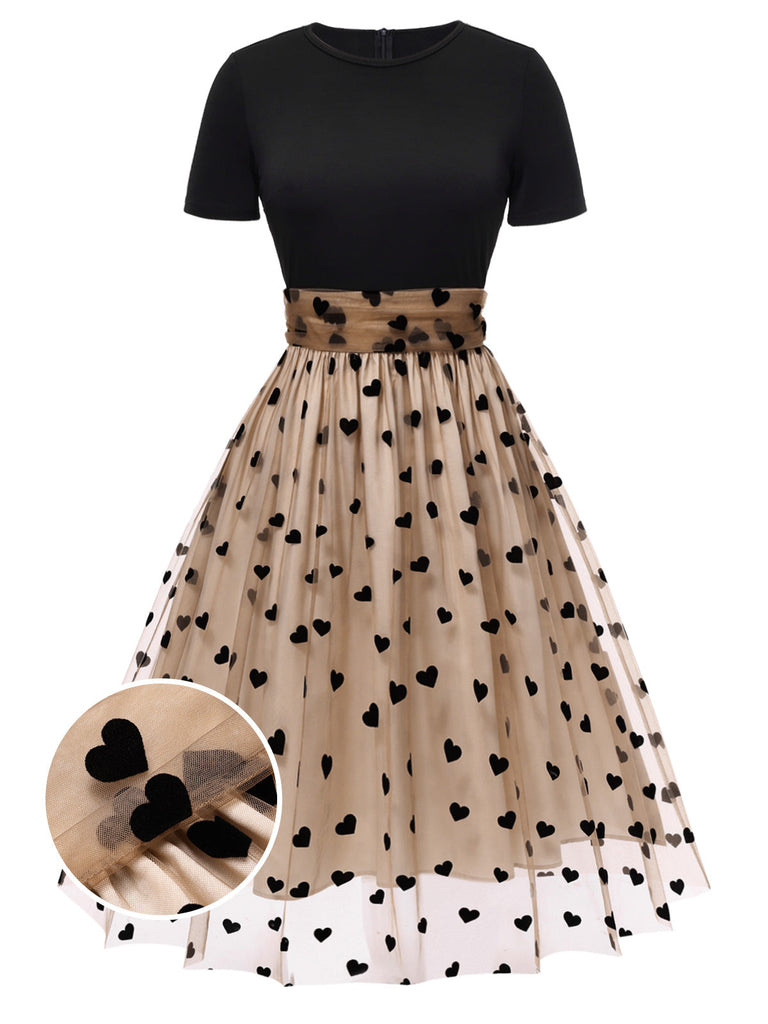 Beige & Schwarz 1950er Patchwork Polka Dots Swing Kleid