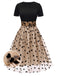 Beige & Schwarz 1950er Patchwork Polka Dots Swing Kleid