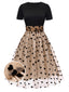 Beige & Schwarz 1950er Patchwork Polka Dots Swing Kleid