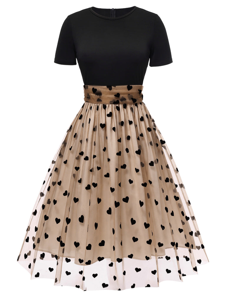Beige & Schwarz 1950er Patchwork Polka Dots Swing Kleid