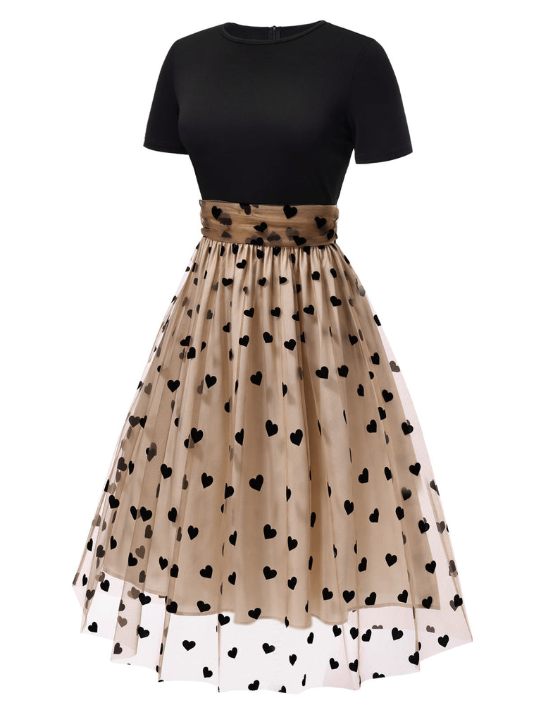 Beige & Schwarz 1950er Patchwork Polka Dots Swing Kleid
