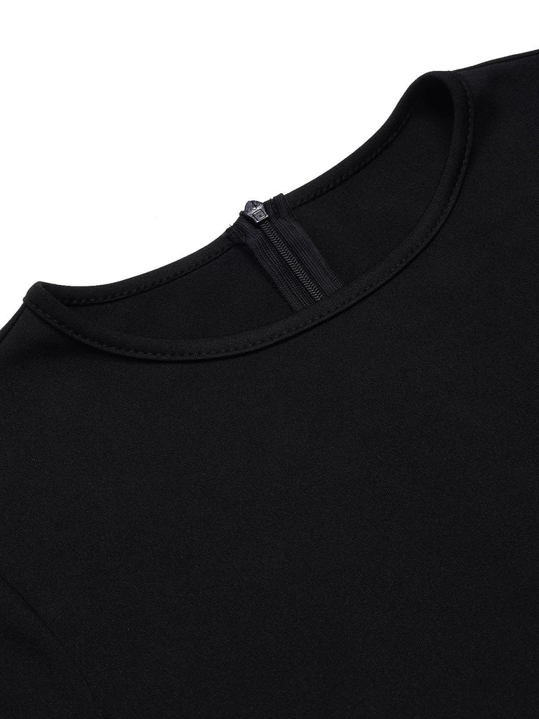 Beige & Schwarz 1950er Patchwork Polka Dots Swing Kleid