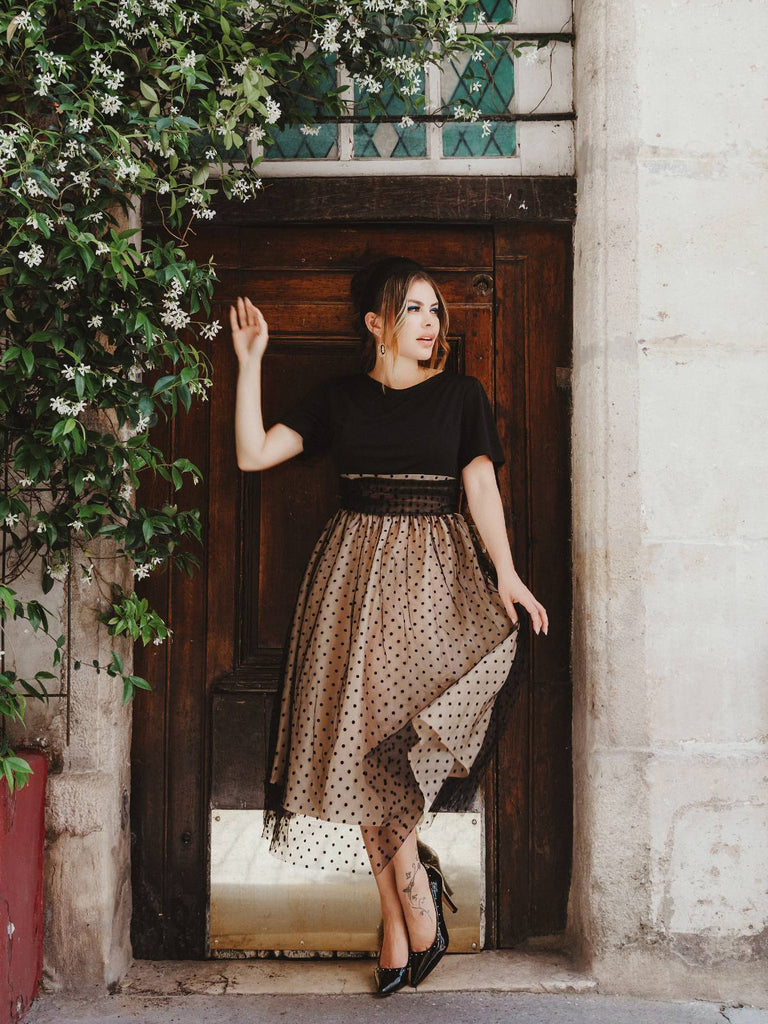 1950ER PATCHWORK KURZARM DOT SWING KLEID