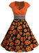 [Übergröße] Orange 1950er Halloween Kürbis Patchwork Swing Kleid