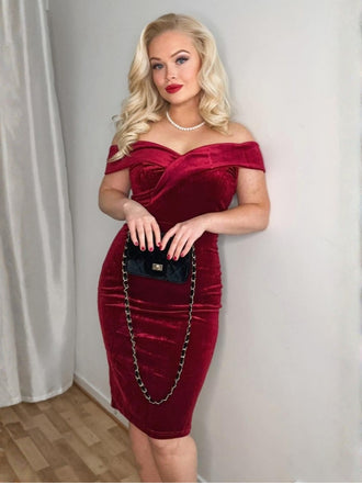 WEINROT SCHULTERFREI PENCIL KLEID