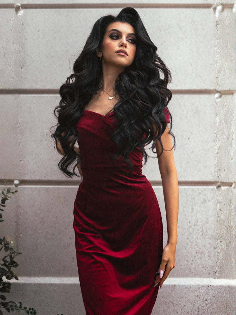 WEINROT SCHULTERFREI PENCIL KLEID
