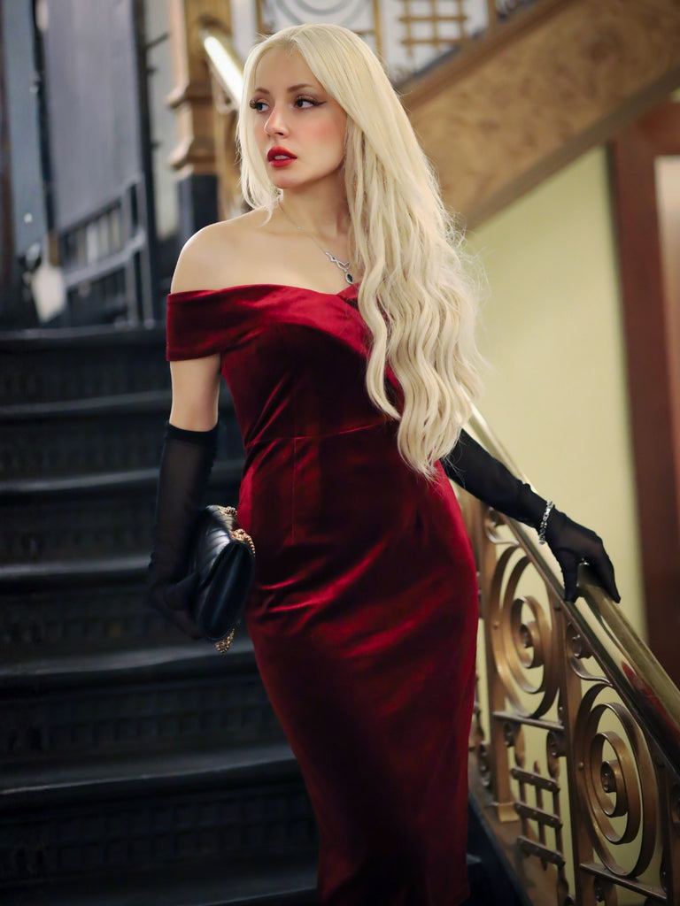 WEINROT SCHULTERFREI PENCIL KLEID