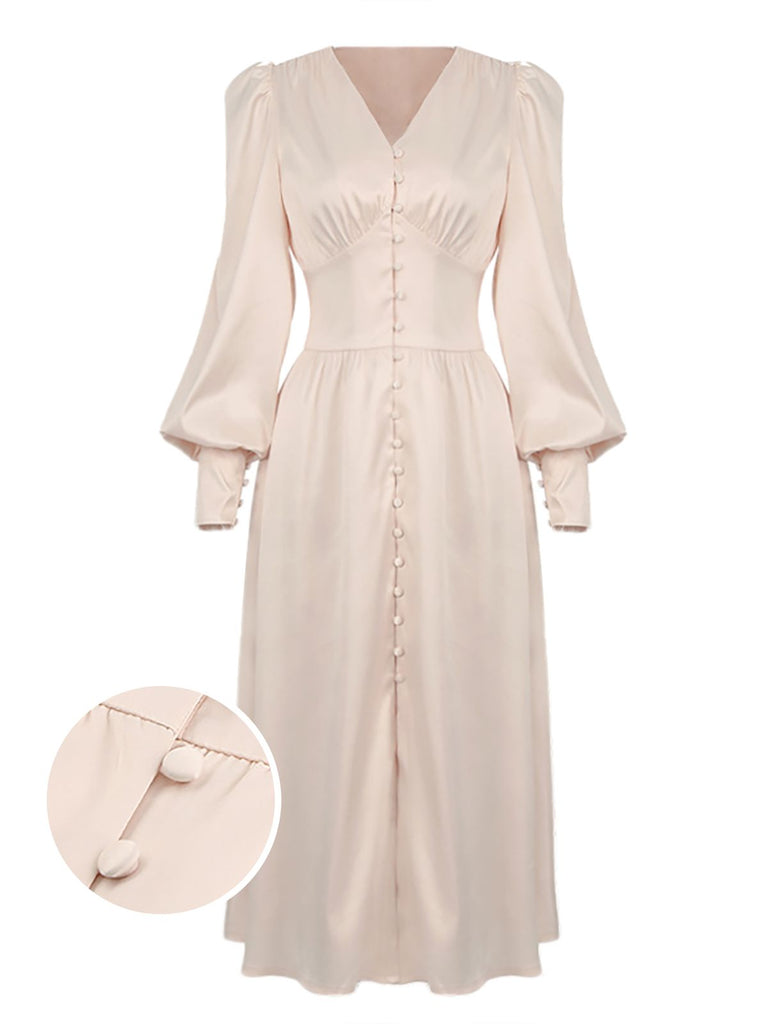 [Vorverkauf] Beige 1940er Solide Seide Geknöpft Tee Kleid