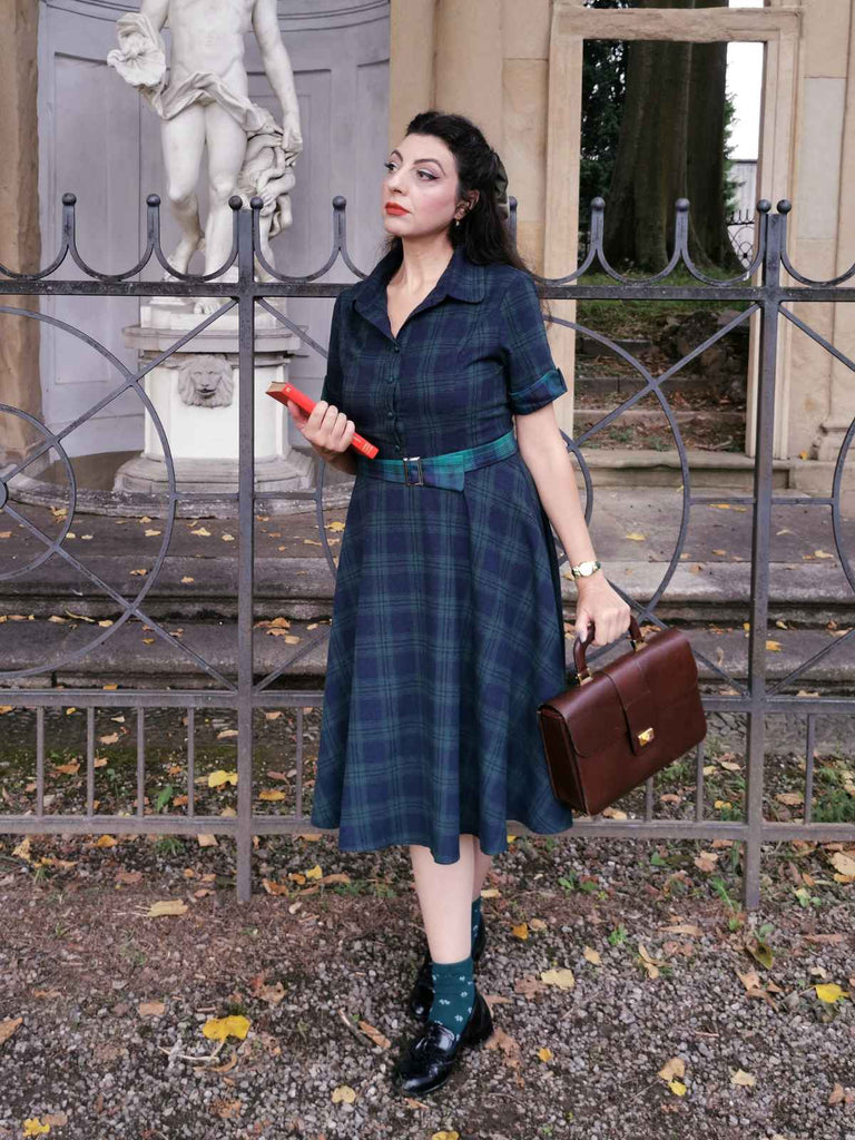 GRÜN 1950ER PLAID KURAZARM SWING KLEID