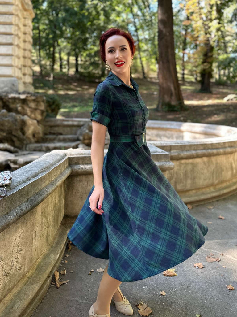 GRÜN 1950ER PLAID KURAZARM SWING KLEID