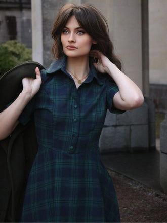 GRÜN 1950ER PLAID KURAZARM SWING KLEID